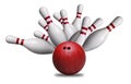 Red Ball Hitting Pins in Bowling Strike Isolated on White Background Royalty Free Stock Photo