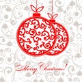 Red ball with a pattern on a pendant, Christmas gorgeous card with abstract festive elements