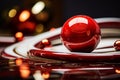 a red ball sitting on top of a shiny surface