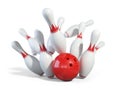 Red ball smashes the bowling pins 3D