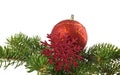 red ball and red snowflake with branch of Christmas tree isolated Royalty Free Stock Photo