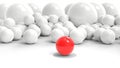 Red ball stands out and in front of bunch of generic white balls