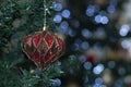 red ball on the tree with space to write Christmas message