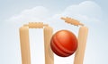 Red ball with wicket stumps for Cricket. Royalty Free Stock Photo