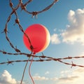 Red balloon caught on barbed wire against a cloudy blue sky fence Royalty Free Stock Photo