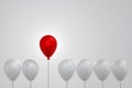 Red balloon floating higher than group of white balloon, leader, creative, different, thinking, idea, 3D rendering