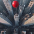 Red balloon floats above the tall towering skyscrapers on the city