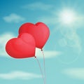 Red balloon, heart on the background sky. Vector vintage filter