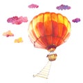 Red balloon with a rope ladder in the sky among pink clouds Royalty Free Stock Photo