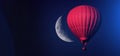 Red balloon in the sky. Aerostat. People in the basket. Fun. Summer entertainment. Romantic adventures. Modern toned photo