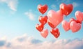 Red balloons in the blue sky. Horizontal banner. Valentine's day background with heart-shaped balloons in bright blue sky Royalty Free Stock Photo