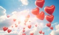 Red balloons in the blue sky. Horizontal banner. Valentine's day background with heart-shaped balloons in bright blue sky Royalty Free Stock Photo