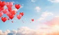 Red balloons in the blue sky. Horizontal banner. Valentine's day background with heart-shaped balloons in bright blue sky Royalty Free Stock Photo