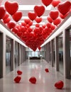 Red balloons in a heart cide hang from the ceiling in bright office space