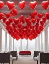 Red balloons in a heart cide hang from the ceiling in bright office space