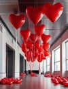 Red balloons in a heart cide hang from the ceiling in bright office space