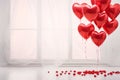 Red balloons in the shape of hearts around scattered rose petals transparent curtain in the background.Valentine\'s Day banne Royalty Free Stock Photo