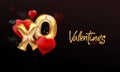 Red balloons in the shape of hearts, gold metal ball XOXO. The Background Of Valentine`s Day. Realistic design with romantic