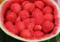 Red balls of fresh watermelon cut and put inside the fruit Royalty Free Stock Photo