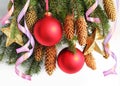 Red balls, stars,ÃÂ serpentine on the Christmas tree Royalty Free Stock Photo