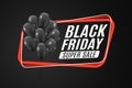 Red banner for the sale of black Friday. Bunch of black realistic shiny balloons. Red frame on a dark background. Special offer. W