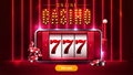 Red banner with smartphone with slot machine on screen and poker chips in scene with wall of line vertical neon lamps. Royalty Free Stock Photo