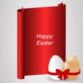 Red banner with two natural easter eggs, red ribbon and bow.