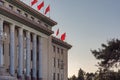 Red banners atop the National People`s Congress in Beijing, China