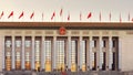 Red banners atop the National People`s Congress in Beijing, China