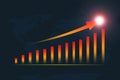 Red bar graph chart and arrow line direction point up with flare lighting on world map and dark blue  background Royalty Free Stock Photo