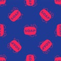 Red Bar of soap icon isolated seamless pattern on blue background. Soap bar with bubbles. Vector Royalty Free Stock Photo