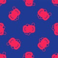 Red Bar of soap icon isolated seamless pattern on blue background. Soap bar with bubbles. Vector Royalty Free Stock Photo