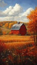 Red Barn in Autumn Landscape Painting Royalty Free Stock Photo