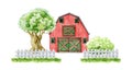 Red barn edged with white fence, big tree and bush. Watercolor illustration. Farm and countryside element. Red wooden
