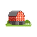 Red barn farm agricultural building, countryside life object vector Illustration