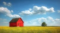 Red Barn in Field of Yellow Flowers Royalty Free Stock Photo