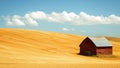 Red barn in a golden wheat field under a clear blue sky. Royalty Free Stock Photo