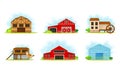 Red Barn, Granary for Crop Storage and Greenhouse Vector Set Royalty Free Stock Photo