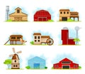 Red Barn, Granary for Crop Storage and Greenhouse Vector Set Royalty Free Stock Photo