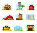 Red Barn, Granary for Crop Storage and Greenhouse Vector Set Royalty Free Stock Photo