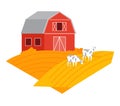 Red barn with gray roof on yellow farm field, three white cows grazing. Rural landscape with livestock, farm life vector