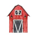 Red barn hand drawn watercolor illustration. Vintage style farm, ranch, countryside shed. Red wooden barn on white