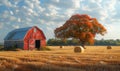 Red barn and hay bales in field. A barn in wheat with hay bales Royalty Free Stock Photo