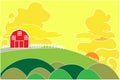 Red barn on a hill in the rural area of rice fields. Evening time and empty space for text. Royalty Free Stock Photo