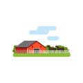 Red barn, horse in the corral on farm, rural landscape vector Illustration