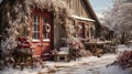 Rustic Barn, House or Shop Decorated for Christmas in a Beautiful Winter Snowy Scene. Generative AI