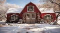 Red Barn, House or Shop Decorated for Christmas in a Beautiful Winter Snowy Scene. Generative AI Royalty Free Stock Photo