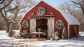 Small Red Barn, House or Shop Decorated for Christmas in a Beautiful Winter Snowy Scene. Generative AI