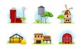 Red Barn, Mill for Flour Grounding and Granary for Crop Storage Vector Set