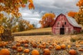 A red barn surrounded by pumpkins and fall foliage in the countryside. Ai generated